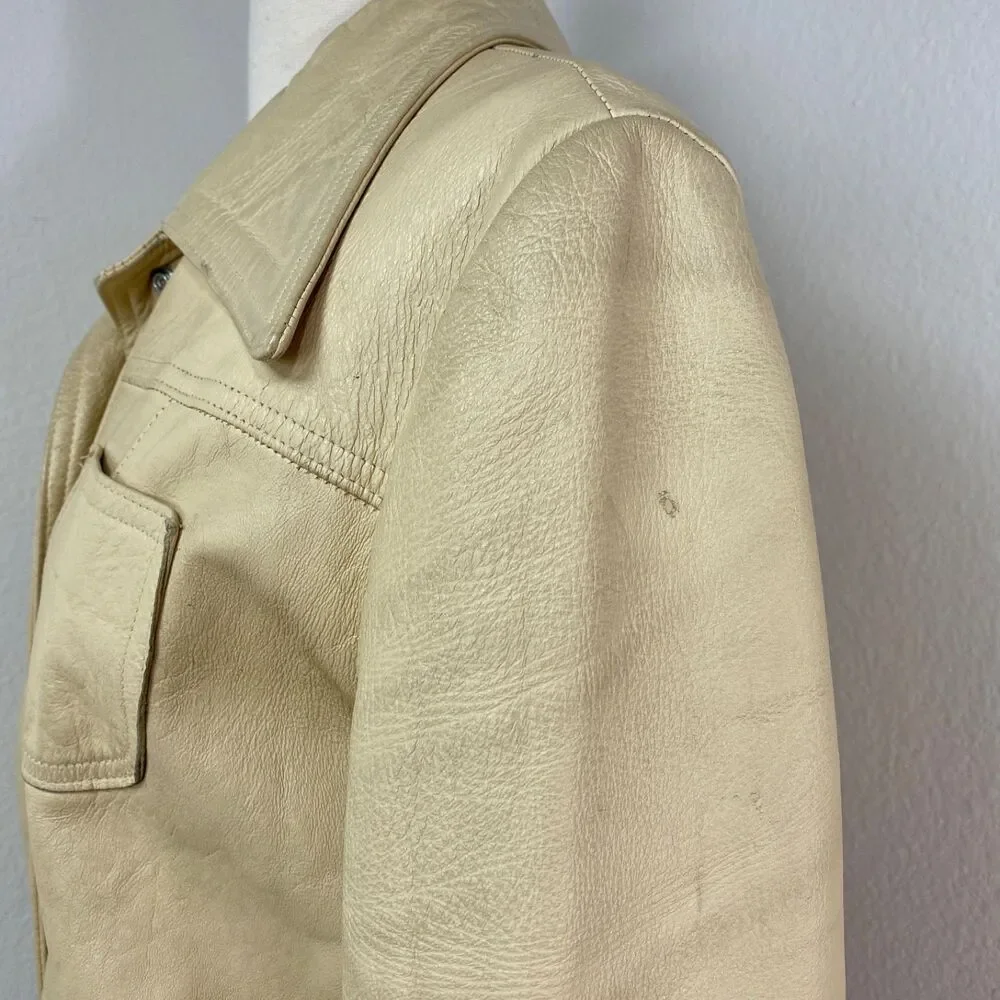Vintage 70 New England Sportswear Trench Beige Leather Jacket 12 Snap Front Belt
